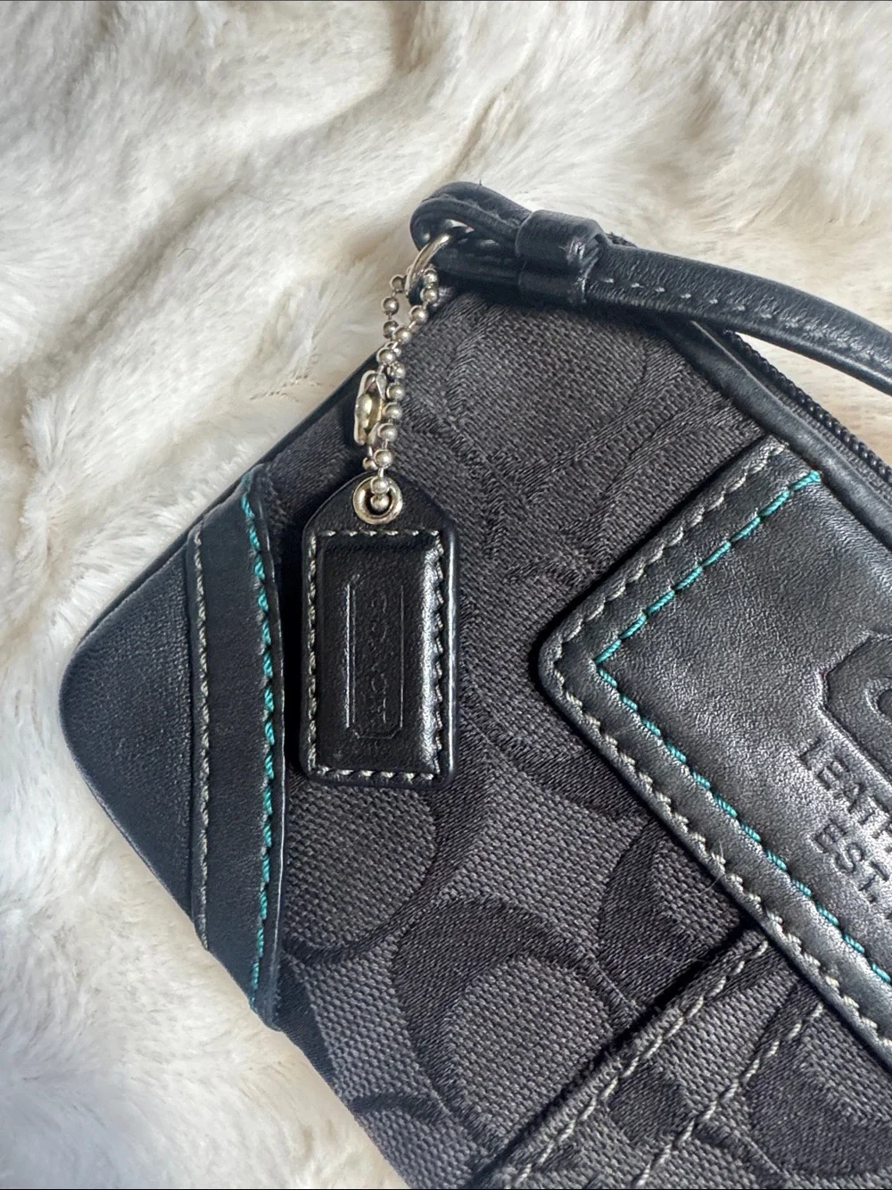 Coach Black Wristlet Clutch with Teal Stitching